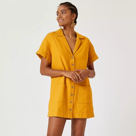 Anthropologie Pilcro Button Down Shirt Dress Pocket Short Sleeve Yellow Small - Picture 2 of 12